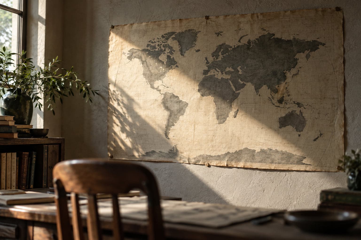Un mapa del mundo antiguo colgado en la pared de un estudio, cruzado por un rayo de sol.